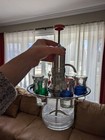 Vintage Mcm Liquor Dispenser Pump Decanter 6 Shot Glasses In Chrome Tray Barware