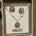 Women Silver Color Flower Necklace W earrings Set New Gift Pink Hypoallergenic