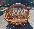 Vintage Open Weave Wicker Gathering Basket W  Wood Handle 15 5  X 10 
