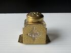 Vintage Crystal Glass   Brass Inkwell 1 75    Floral Design Hinged Lid Collectible