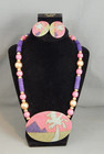 Vintage Lee Sands Palm Tree Sand Art Beaded Necklace   Pierced Earring Set 20 