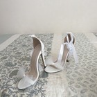 White Strappy Ankle Tie High Heel Bridal Sandals With Ribbon Ties Size 5 5
