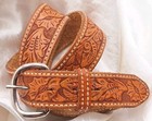 Vtg Handcrafted Floral Tooled Belt Saddle Leather Embossed Contrast Stitch Brown