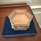Vintage Gold Tone Filigree Hexagon Footed Jewelry Trinket Box With Beveled Glass