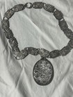 Antique Victorian Sterling Silver Necklace W  Gold Floral Motif Medallion