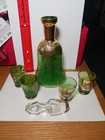 Vintage Italian Green Glass Gold Trim Flowers Decanter With 4 Matching Cordial 