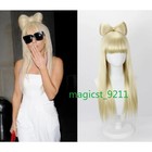 Lady Gaga Bowtie Cosplay Wig Halloween Party Ball Light Gold Long Hair Bow New