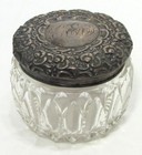 Vtg Small Crystal Vanity Dresser Powder Jar Repousse Sterling Silver Lid Antique