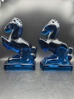 Vtg Blue Glass Le Smith Glass Rearing Horse Bookends 8    Tall No Chips