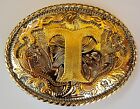 Initial   T    Rodeo Cowboy Letter Shine Gold Silver Western Belt Buckle