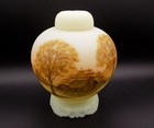 3 Pc Fenton Satin Custard Glass Log Cabin Ginger Jar With Base   Lid Glows 