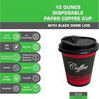 250 Pack - 12 Oz  Disposable Poly Paper Hot Tea Coffee Cups With Dome Black Lids