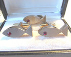 Very Rare Vtg Hickok Mcm Modernist Red Rs Silver Tone Fish Cufflinks   Tie Clip