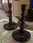 Pair Antique 12 1 4 Inch  English Oak Barley Twist Candlesticks
