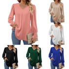 Women V Neck T-shirt Tops Long Sleeve Pullover Blouse Plain Loose Tunic Casual    