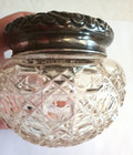 Vintage Sterling Marked Lid Cut Glass Vanity Jar 2 5  Tall Powder Jar Repousse