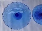 Vintage Cobalt Blue Glass Laurel Leaf 2 Scalloped Pedestal Cake Stands