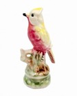 Vintage 50s Hand Painted Ceramic Bird Figurine Pink Yellow Songbird Tree Stump