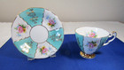 Adderley Teacup   Sauce Turquoise Blue Paneled Pink Roses England Gold Trimh1250
