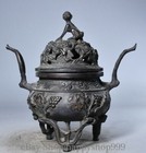 8 8  Old Chinese Bronze Grape Pattern Monkey Animal Lid Incense Burner Censer