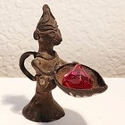 Crude Bronze Man Statue Standing Holding Offering Bowl Incense Burner