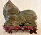 Vintage Chinese Hardstone Carved Recumbent Horse Statue Figurine With Stand