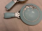 Antique Art Deco Blue Enamel Vanity Set Brush   Mirror Silver Tone Handles  