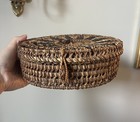 Vintage Handmade  Raffia Wicker Basket Features A Spiral Pattern   Secure Lid