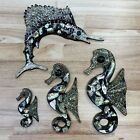 Vintage 1960s Lucite Abalone Shells Seahorse Family   Marlin Wondermold Set Of 4
