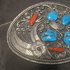Western Oval Silver Tone Metal Belt Buckle Floral Turquoise red Stones 1 5in