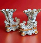 Antique French Old Paris Pair Of Porcelain Cornucopia Vases Signed Jacob Petit  