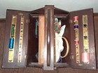 Vintage Wooden Standing Sewing Box W double-hinged Lid   Tray Includes Thread  E
