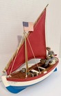 Vintage Wooden Model Sailboat Folk Art Hand Carved Nautical Pond Boat Red Sail
