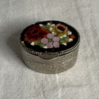 Vintage Oval Micro Mosaic Pill Box Hinged Lid Silver Tone Metal Free Shipping