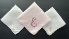 A  3 Vintage Pink White Hankies Madeira Style Machine Embroidered Monogram E