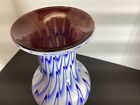 Vintage Blown Glass Blue   White Vase 12    Tall