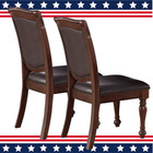 Set Of 2 Brown Dining Chairs  Solid Wood Faux Leather Upholstered Classic Design