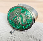 Vintage Sterling Silver Taxco Mexico Green Inlay Trinket Pill Box Mayan Aztec