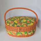 Vintage Wicker Woven Sewing Basket Box Retro Orange Satin Quilted 