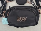 Sassy Woof Walk Crossbody Fanny Pack Black Rose Gold Cow Print Strap Treat Pouch