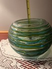 Vintage Round Art Glass Ribbon Bowl vase Hand Blown-blues And Greens
