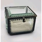 Square Ormolu Beveled Glass Footed Jewelry Trinket Box Casket Heart Border