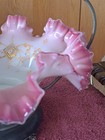 Britanna Metal Co  Pink Enamel Floral Silvercrest Ruffled Antique Brides Basket
