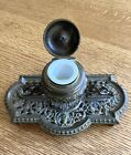 Antique Brass Ink Well  Ornate Brass Inkwell 8in Long With Milk Glass Insert