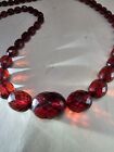 Vintage Cherry Amber Bakelite 32   Long Oval Faceted Bead Necklace Art Deco 48 G