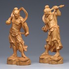 Golden Sandalwood Carved Heng Ha Erjiang Guardian Deity Statue Pair Home Decorat