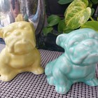 Vintage Pair Ceramic Bulldog Planters Yellow   Turquoise Marbled Glaze Dog   