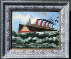 Antique Reverse Glass Painting Rms Lusitania Folk Art Ship Maritime 26x22 