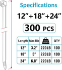 Zip Ties  Zip Ties Heavy Duty  Assorted Sizes  12  18  24  -300 Pack  Cable Ties