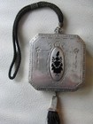 Antique Art Deco Nickel Silver Black Enamel Woman Tassel Lipstick Dance Compact